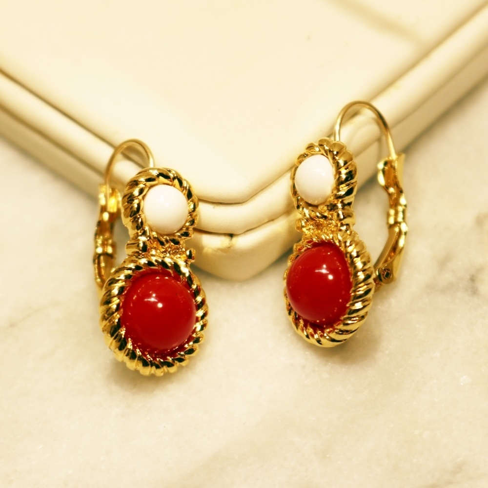 Monet Gold with Red and White Cabochon Pierced Style Earrings NWOT - Picture 6 of 7